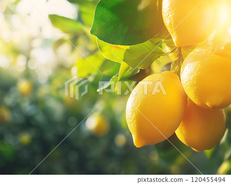 Lemons hanging from a tree branch with green leaves, with sunlight shining through the background. 120455494