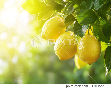 Lemons hanging from a tree branch with green leaves, with sunlight shining through the background. 120455495