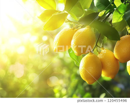 Lemons hanging from a tree branch with green leaves, with sunlight shining through the background. 120455496