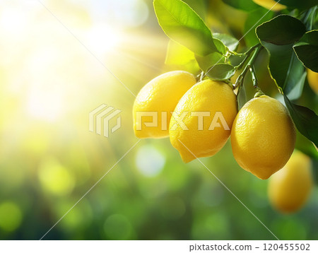 Lemons hanging from a tree branch with green leaves, with sunlight shining through the background. Lemons hanging from a tree branch with green leaves, with sunlight shining through the background. 120455502