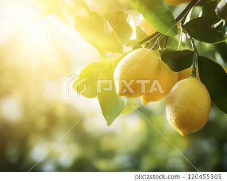 Lemons hanging from a tree branch with green leaves, with sunlight shining through the background. 120455505