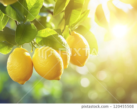 Lemons hanging from a tree branch with green leaves, with sunlight shining through the background. Lemons hanging from a tree branch with green leaves, with sunlight shining through the background. 120455508