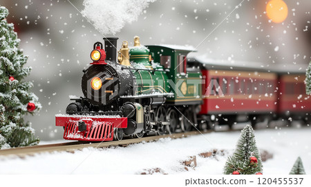 Classic steam locomotive and Christmas tree in the snow Classic steam locomotive and Christmas tree in the snow 120455537