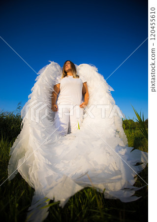 Female angel standing against blue sky. A woman with large white angel wings stands on a grassy field against a blue sky, creating a serene and ethereal scene. Female angel standing against blue sky. A woman with large white angel wings stands on a grassy field against a blue sky, creating a serene and ethereal scene. 120455610