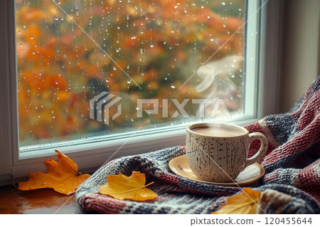 A cozy autumn scene with an open window, showcasing colorful leaves and falling raindrops outside, while inside there's steam rising from the coffee mug on the windowsill.  120455644