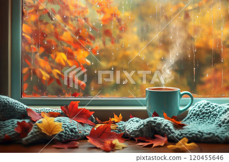 A cozy autumn scene with an open window, showcasing colorful leaves and falling raindrops outside, while inside there's steam rising from the coffee mug on the windowsill. A cozy autumn scene with an open window, showcasing colorful leaves and falling raindrops outside, while inside there's steam rising from the coffee mug on the windowsill. 120455646
