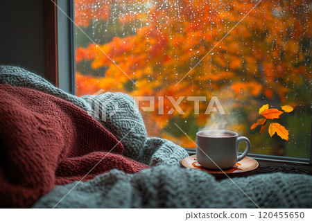A cozy autumn scene with an open window, showcasing colorful leaves and falling raindrops outside, while inside there's steam rising from the coffee mug on the windowsill. A cozy autumn scene with an open window, showcasing colorful leaves and falling raindrops outside, while inside there's steam rising from the coffee mug on the windowsill. 120455650