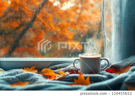 A cozy autumn scene with an open window, showcasing colorful leaves and falling raindrops outside, while inside there's steam rising from the coffee mug on the windowsill. A cozy autumn scene with an open window, showcasing colorful leaves and falling raindrops outside, while inside there's steam rising from the coffee mug on the windowsill. 120455652
