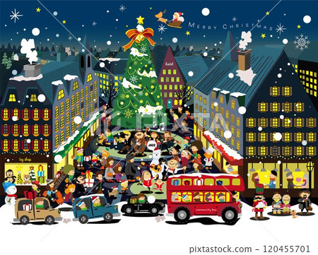 聖誕夜擠滿了人的小鎮的可愛插圖 120455701