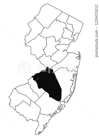 Map of Burlington County in new jersey state on white background. single County map highlighted by black colour on new jersey map . 120455812