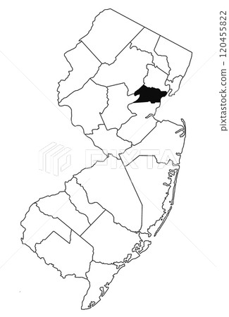 Map of union County in new jersey state on white background. single County map highlighted by black colour on new jersey map . Map of union County in new jersey state on white background. single County map highlighted by black colour on new jersey map . 120455822