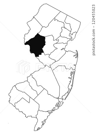 Map of hunterdon County in new jersey state on white background. single County map highlighted by black colour on new jersey map . 120455823