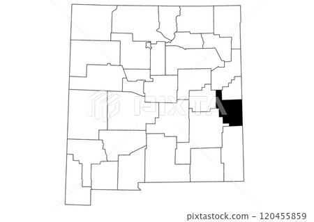 Map of Roosevelt County in New Mexico state on white background. single County map highlighted by black color on New Mexico map. UNITED STATES, US 120455859