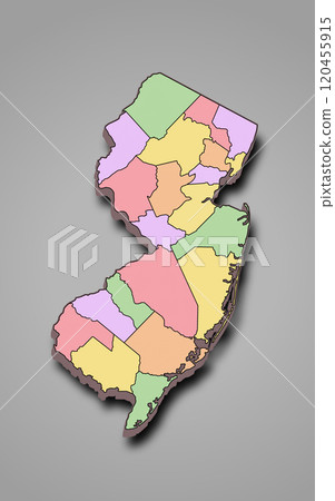 3d Map of New Jersey state with borders of the counties and different colour. United State of America, US, United State. 3d Map of New Jersey state with borders of the counties and different colour. United State of America, US, United State. 120455915