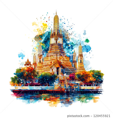 A vibrant and colorful painting of the iconic Wat Arun Temple in Bangkok, Thailand. The image captures the temple's intricate details. against a colorful sky and reflected in the Chao Phraya River. 120455921