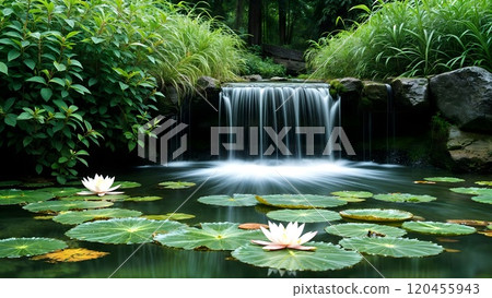 Cascading waterfall with green plants and lilies In a tranquil pond Cascading waterfall with green plants and lilies In a tranquil pond 120455943