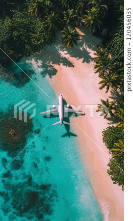 Aerial view of an airplane on a sandy beach surrounded by turquoise water and palm trees 120456035