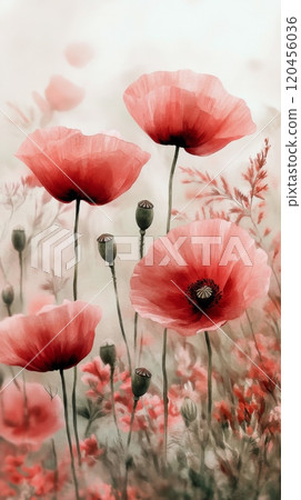 Vibrant red poppies bloom in a soft, misty background, showcasing natures beauty in spring 120456036