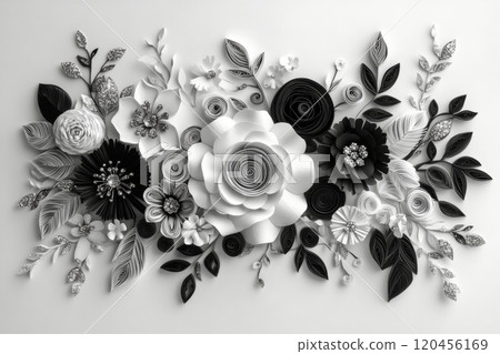 Elegant black and white floral arrangement with intricate details on a textured background 120456169