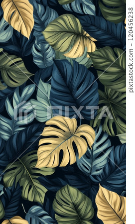 Vibrant tropical leaves in green and blue on a dark background 120456238