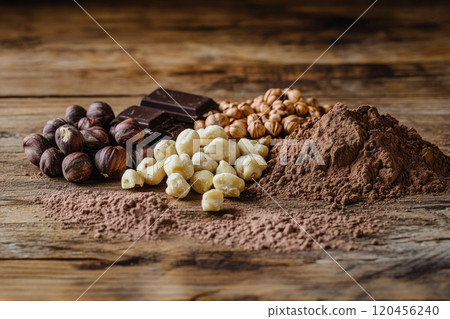 A variety of chocolates and nuts arranged on a wooden surface with cocoa powder scattered around 120456240