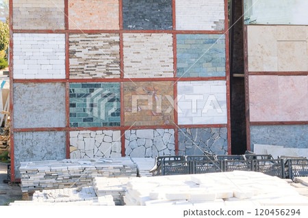 Variety of decorative tiles are sold in construction market. Construction Materials. Materials for decoration and construction houses. Variety of decorative tiles are sold in construction market. Construction Materials. Materials for decoration and construction houses. 120456294