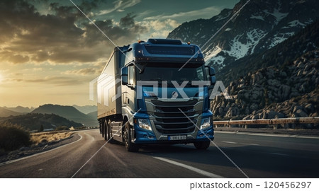 close up image of a european blue semi truck 120456297