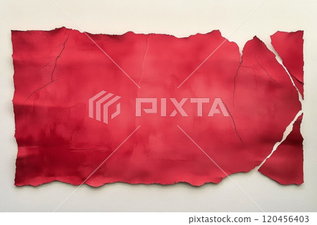 Red textured surface with torn edges displayed against a neutral wall background Red textured surface with torn edges displayed against a neutral wall background 120456403