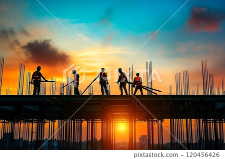 Silhouette of a construction worker working on top of a building at sunset. 120456426