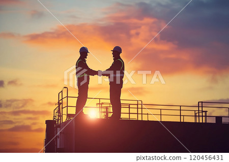 Silhouette of a construction worker working on top of a building at sunset. 120456431