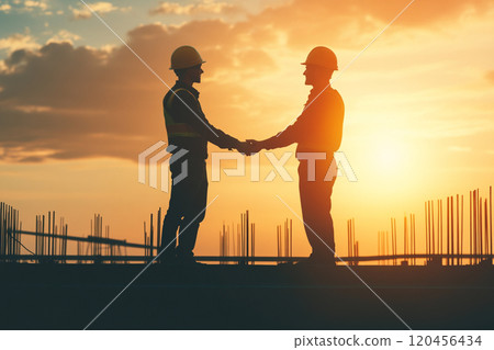 Silhouette of a construction worker working on top of a building at sunset. 120456434