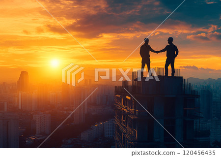 Silhouette of a construction worker working on top of a building at sunset. 120456435