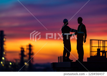 Silhouette of a construction worker working on top of a building at sunset. Silhouette of a construction worker working on top of a building at sunset. 120456437