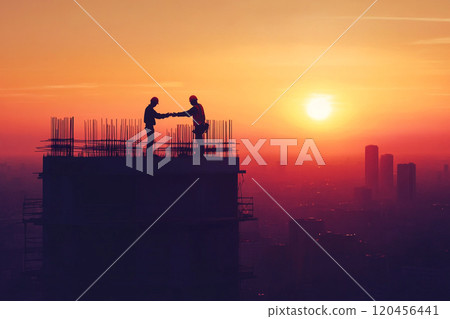 Silhouette of a construction worker working on top of a building at sunset. 120456441