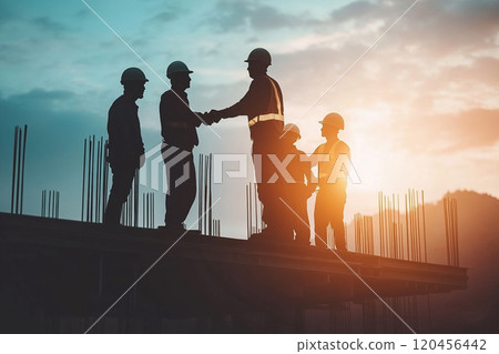 Silhouette of a construction worker working on top of a building at sunset. Silhouette of a construction worker working on top of a building at sunset. 120456442