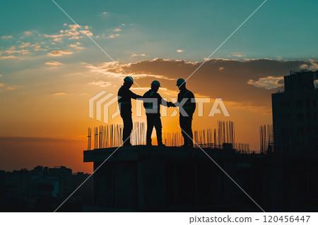Silhouette of a construction worker working on top of a building at sunset. 120456447