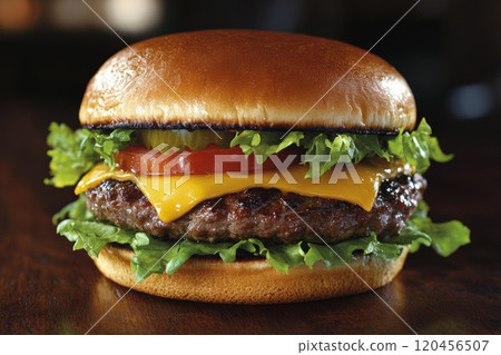 Fresh cheeseburger with lettuce on a sesame seed bun served on a wooden table at a diner 120456507