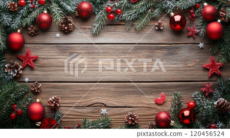 Decorative arrangement of festive elements on wooden surface during winter holiday season 120456524