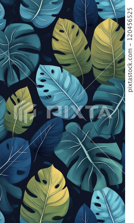 Vibrant tropical leaves in green and blue on a dark background 120456525