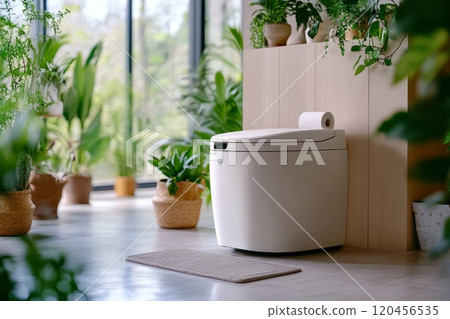 Cozy bathroom setup with natural lighting and greenery in a modern home 120456535