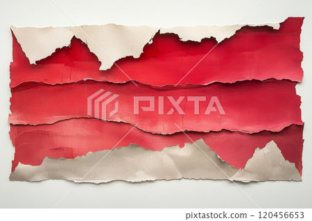 Red textured surface with torn edges displayed against a neutral wall background 120456653