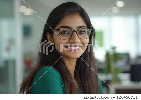A young woman with glasses smiling in a modern office environment during daytime 120456711