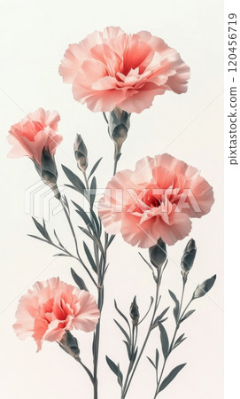 Pink carnations with lush green leaves on a soft background 120456719