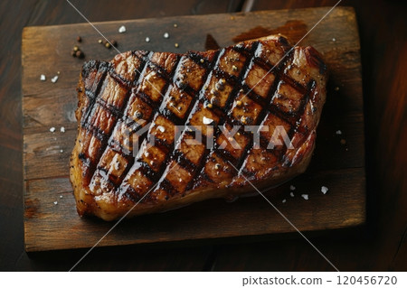 Juicy grilled steak resting on a wooden board with herbs at a rustic setting in the evening Juicy grilled steak resting on a wooden board with herbs at a rustic setting in the evening 120456720