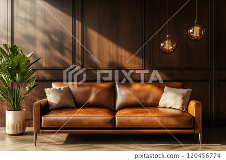 A brown leather sofa in front of dark wall paneling with pendant light. Interior design concept. A brown leather sofa in front of dark wall paneling with pendant light. Interior design concept. 120456774
