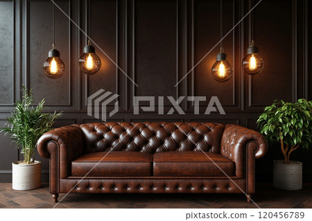 A brown leather sofa in front of dark wall paneling with pendant light. Interior design concept. A brown leather sofa in front of dark wall paneling with pendant light. Interior design concept. 120456789