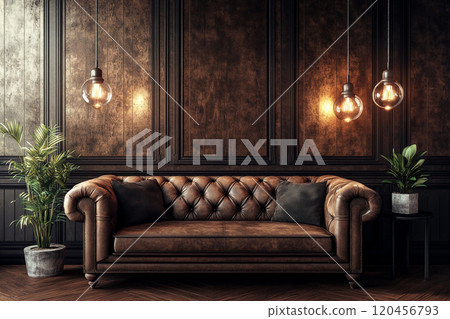 A brown leather sofa in front of dark wall paneling with pendant light. Interior design concept.   120456793