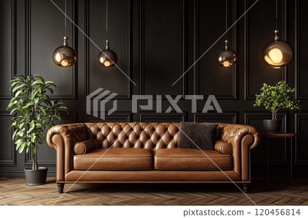 A brown leather sofa in front of dark wall paneling with pendant light. Interior design concept.   120456814