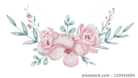 Pink Flowers with green branches watercolor illustration for wedding invitations or baby birthday cards in pastel colors. Floral drawing with pink roses for childish design. Botanical art for template Pink Flowers with green branches watercolor illustration for wedding invitations or baby birthday cards in pastel colors. Floral drawing with pink roses for childish design. Botanical art for template 120456894