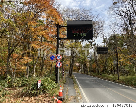 An electronic signboard warning of bear sightings 120457015